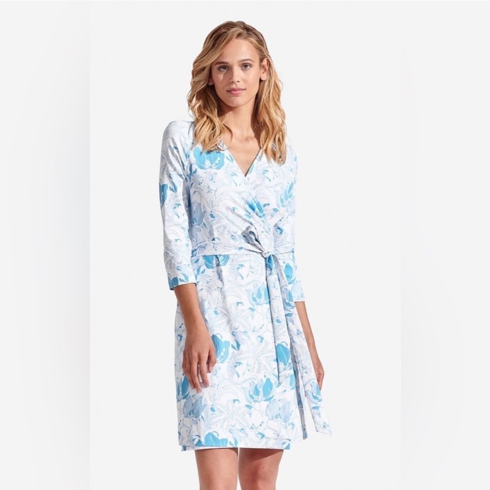 Persifor Blue Floral Wrap Dress Large 3/4 Sleeve Resort Vacation